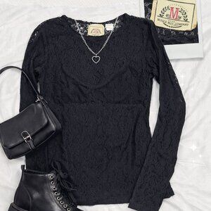 Vintage Bugle Boy Black Lace Top Long Sleeve Sheer Floral Size S